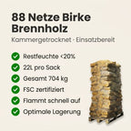 88 Netze Kammergetrocknetes gespalten Birke Brennholz 25cm 1.25 RM / 2.0 SRM